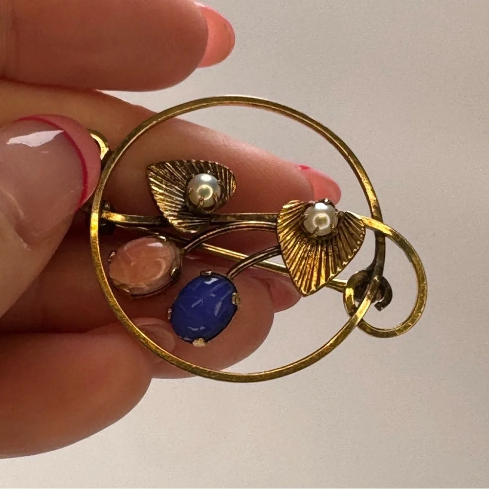 Antique 12 Karat Gold Filled Brooch Blue & Pink Stones w/Gold Leaves